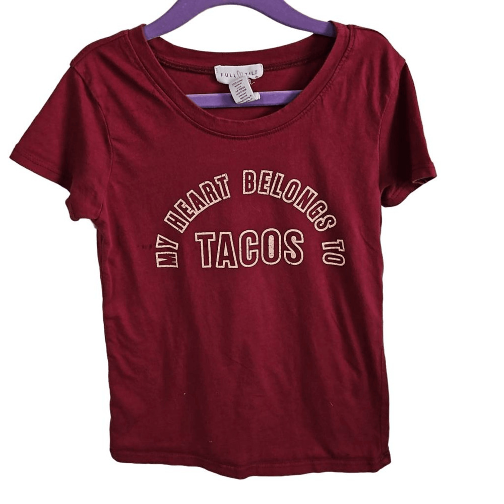 Full Tilt Girl's XS My Heart Belongs to Tacos Graphic Tee Shirt Burgundy Cotton